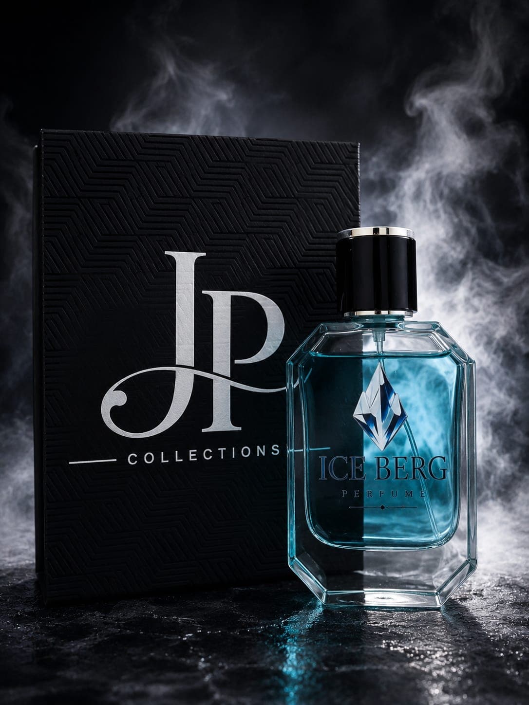 JP Collections logo with Ice Berg bottle